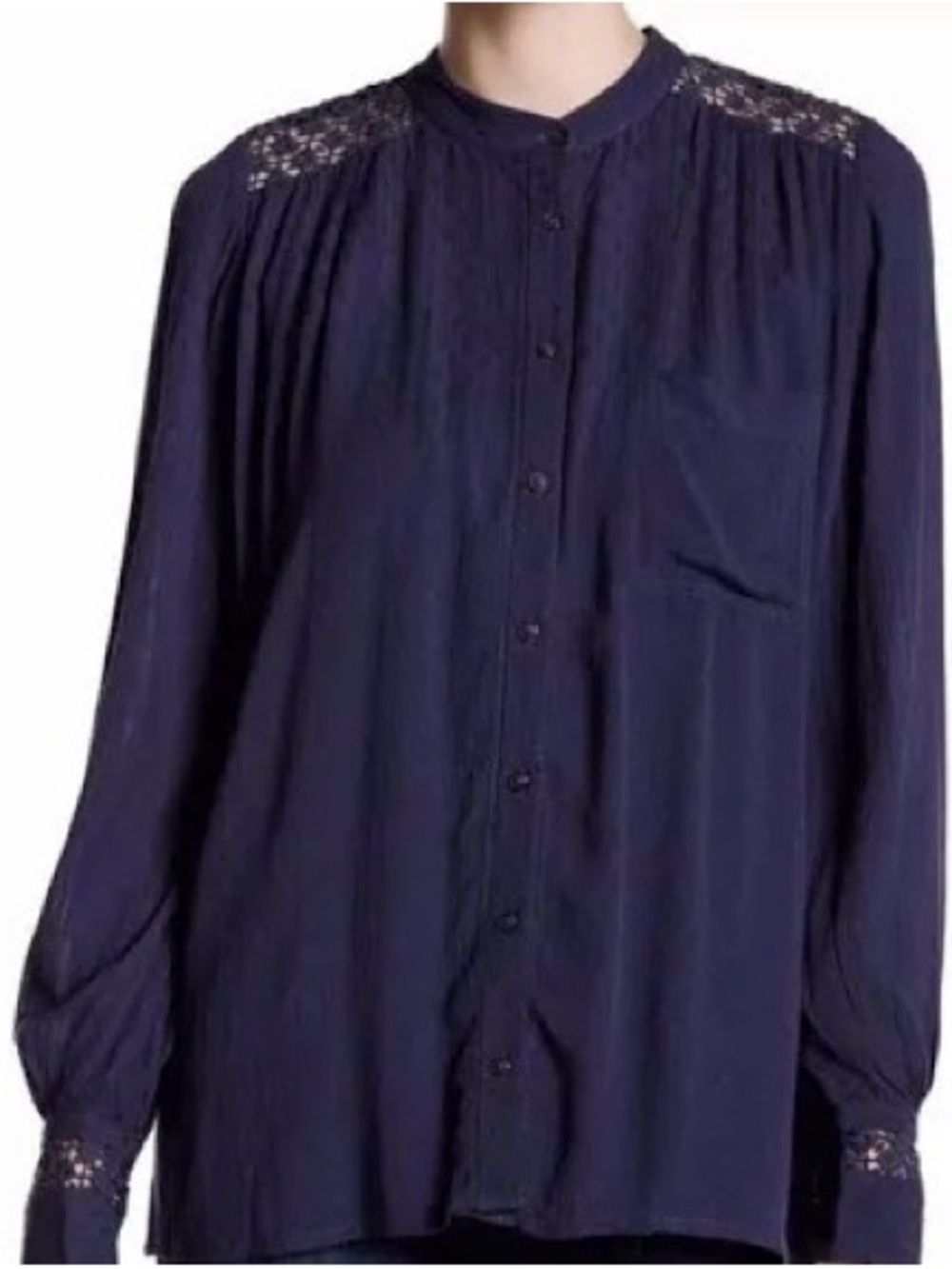 Anthropologie Navy Lace-Trim Button Down Blouse